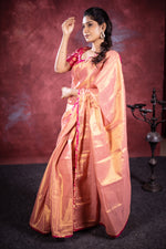 Load image into Gallery viewer, Varni Handwoven Tissue Saree - Apricot Blush + Cerise Pink
