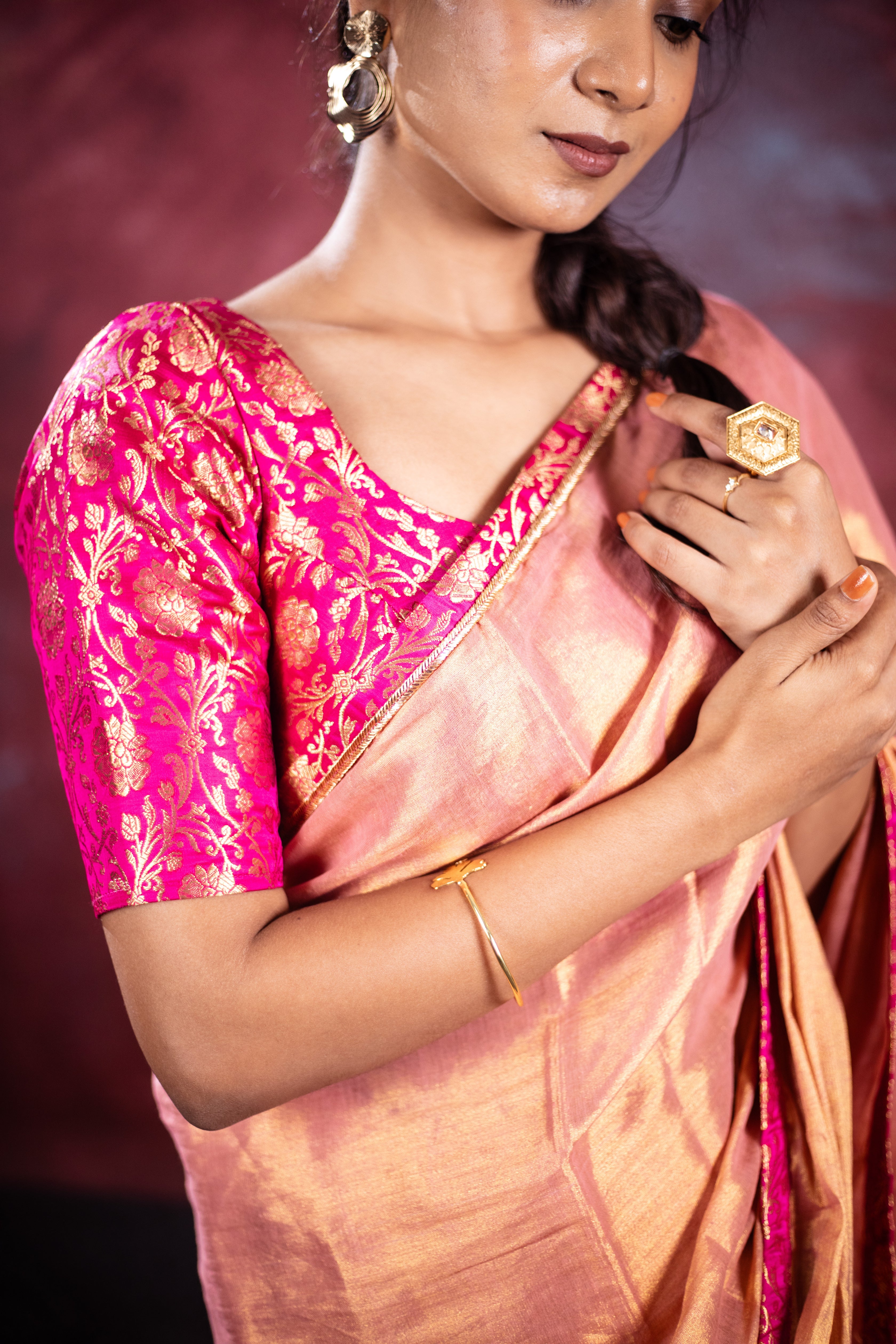 Varni Handwoven Tissue Saree - Apricot Blush + Cerise Pink