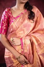 Load image into Gallery viewer, Varni Handwoven Tissue Saree - Apricot Blush + Cerise Pink
