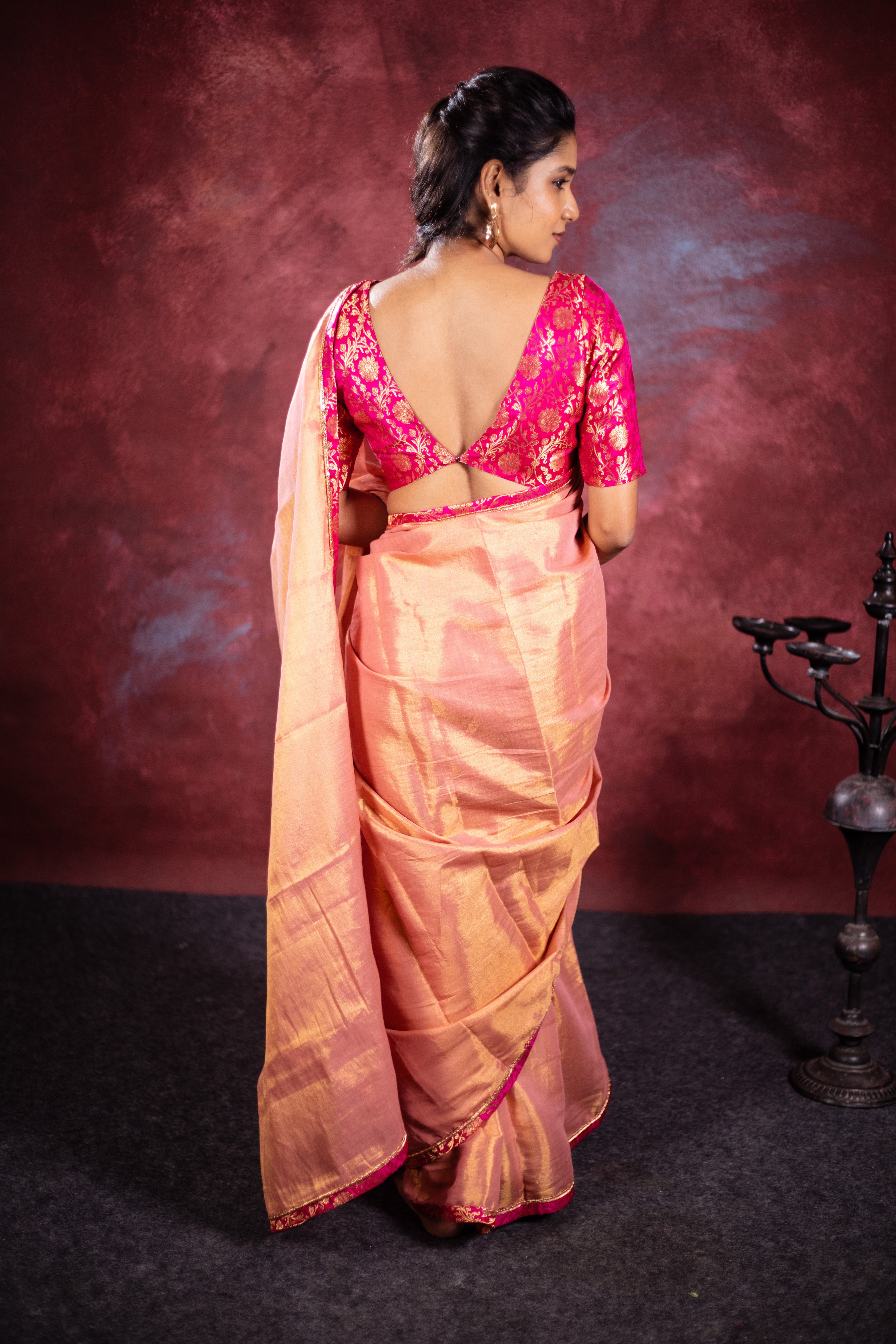 Varni Handwoven Tissue Saree - Apricot Blush + Cerise Pink