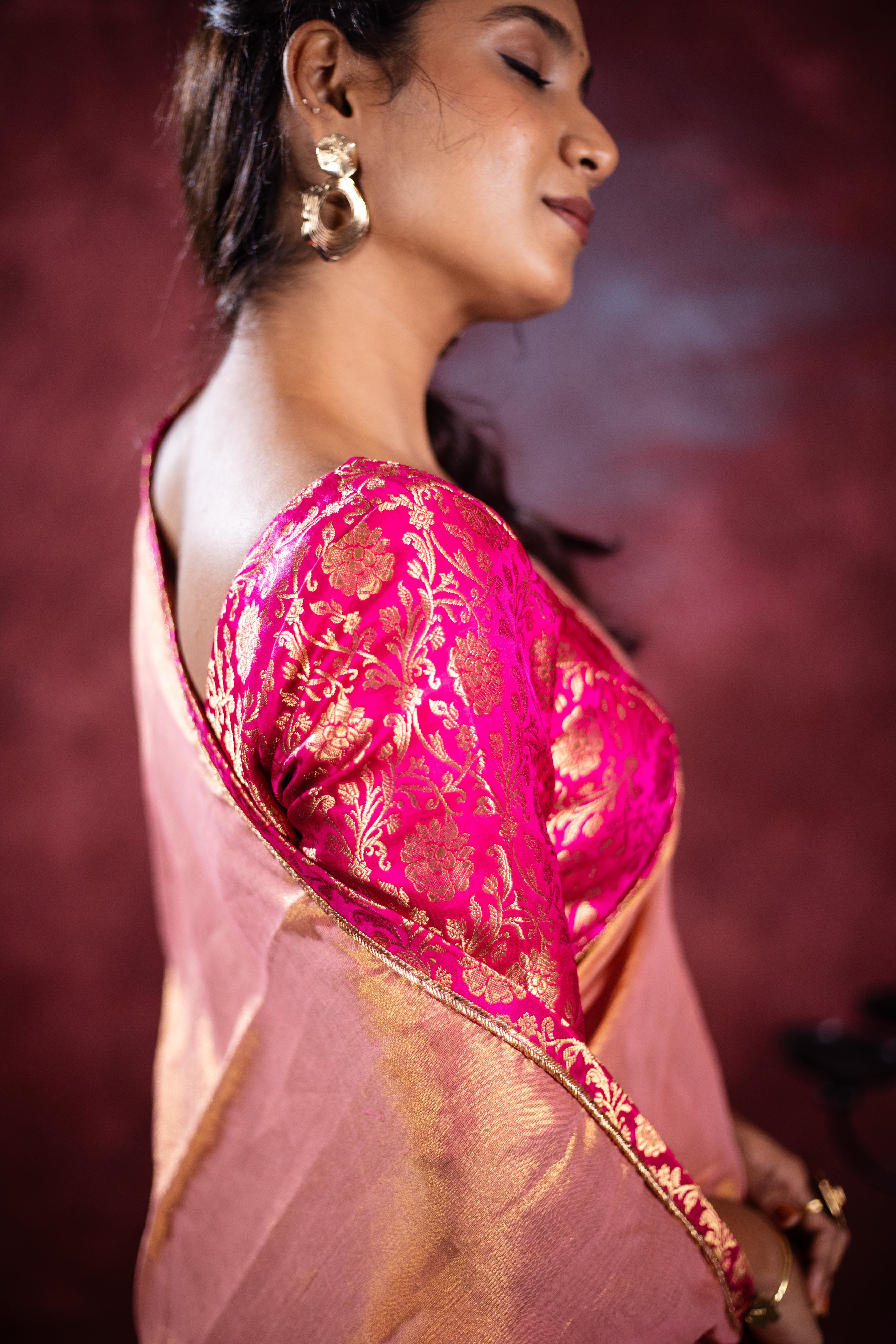 Varni Handwoven Tissue Saree - Apricot Blush + Cerise Pink