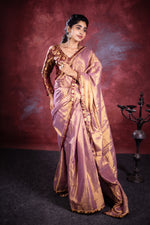 Load image into Gallery viewer, Varni Handwoven Tissue Saree - Shimmery Gold + Wine
