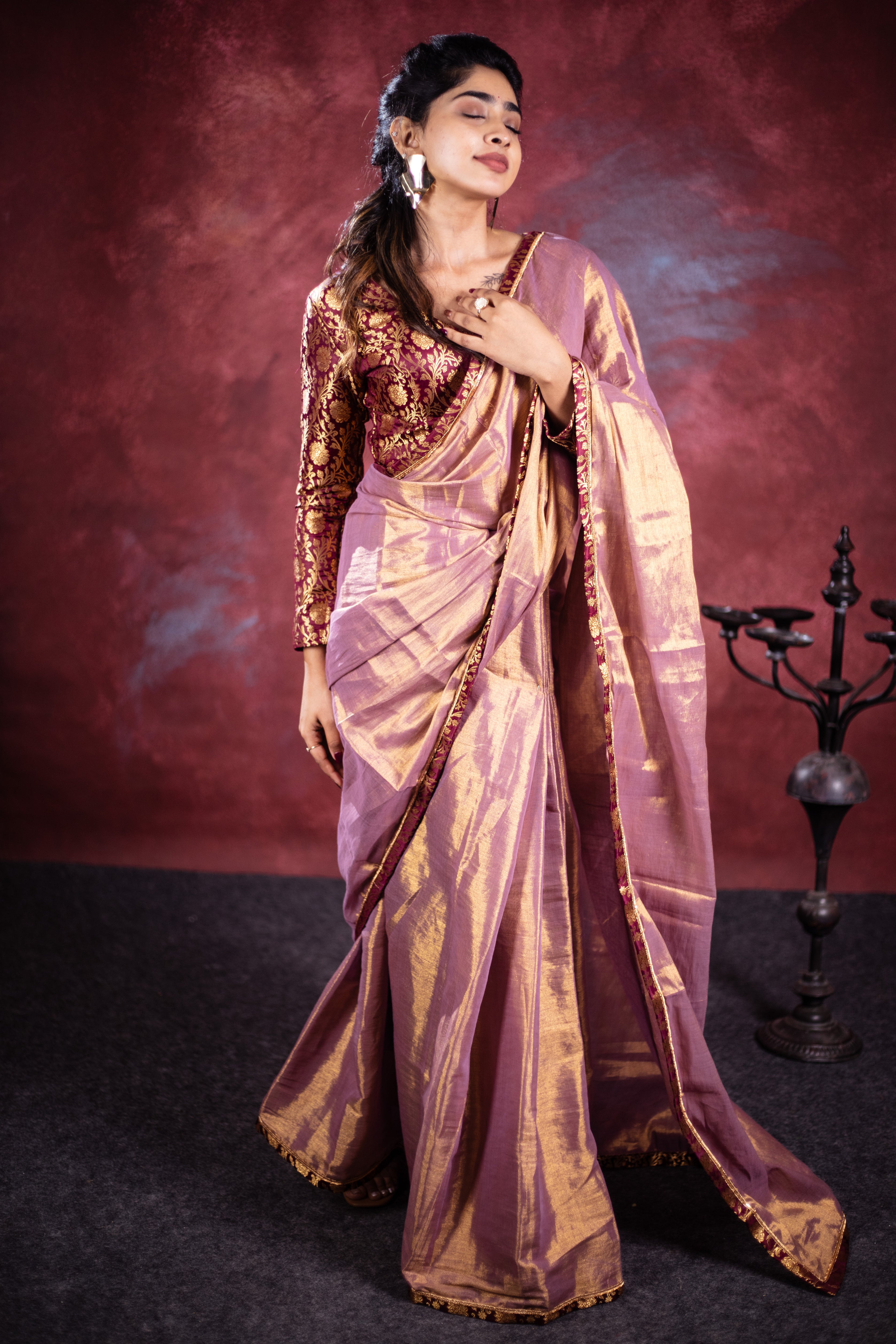 Varni Handwoven Tissue Saree - Shimmery Gold + Wine