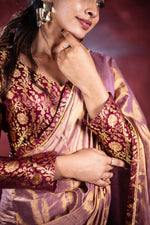 Load image into Gallery viewer, Varni Handwoven Tissue Saree - Shimmery Gold + Wine
