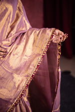 Load image into Gallery viewer, Varni Handwoven Tissue Saree - Shimmery Gold + Wine
