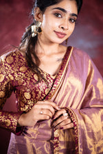 Load image into Gallery viewer, Varni Handwoven Tissue Saree - Shimmery Gold + Wine
