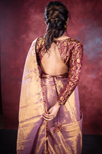 Load image into Gallery viewer, Varni Handwoven Tissue Saree - Shimmery Gold + Wine
