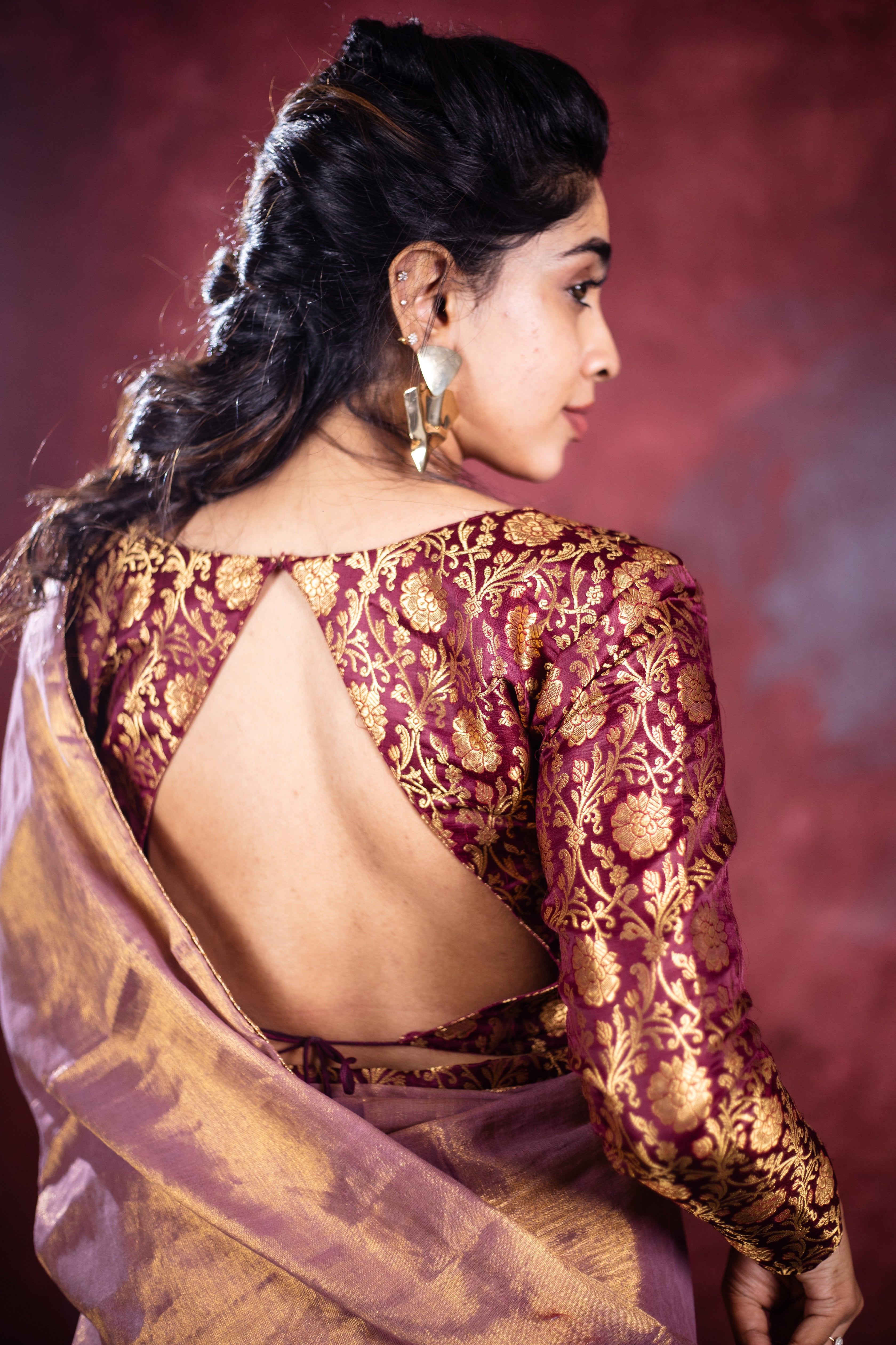 Varni Handwoven Tissue Saree - Shimmery Gold + Wine