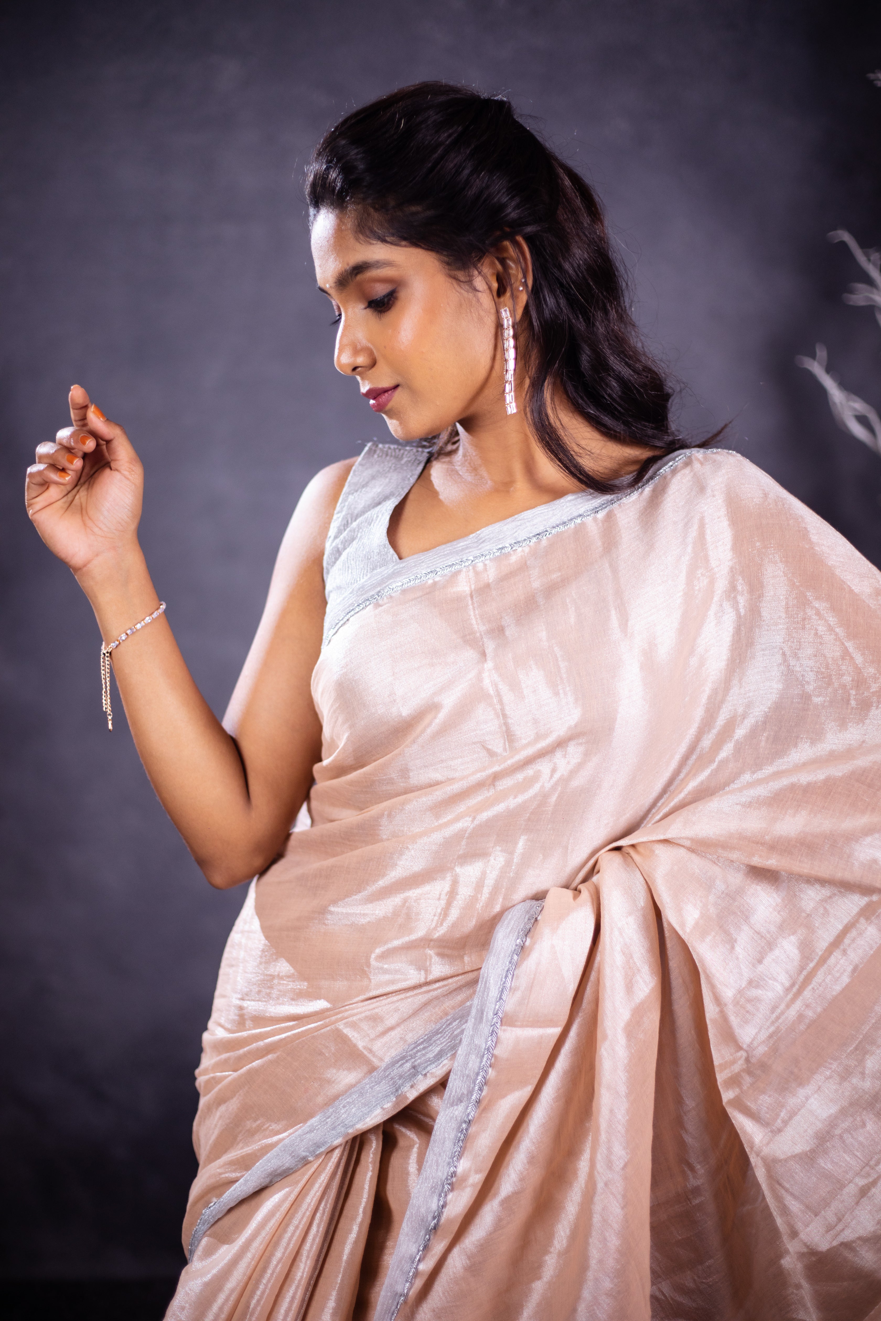 Madhi Handwoven Tissue Saree - Light Peach + Silver