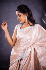 Load image into Gallery viewer, Madhi Handwoven Tissue Saree - Light Peach + Silver
