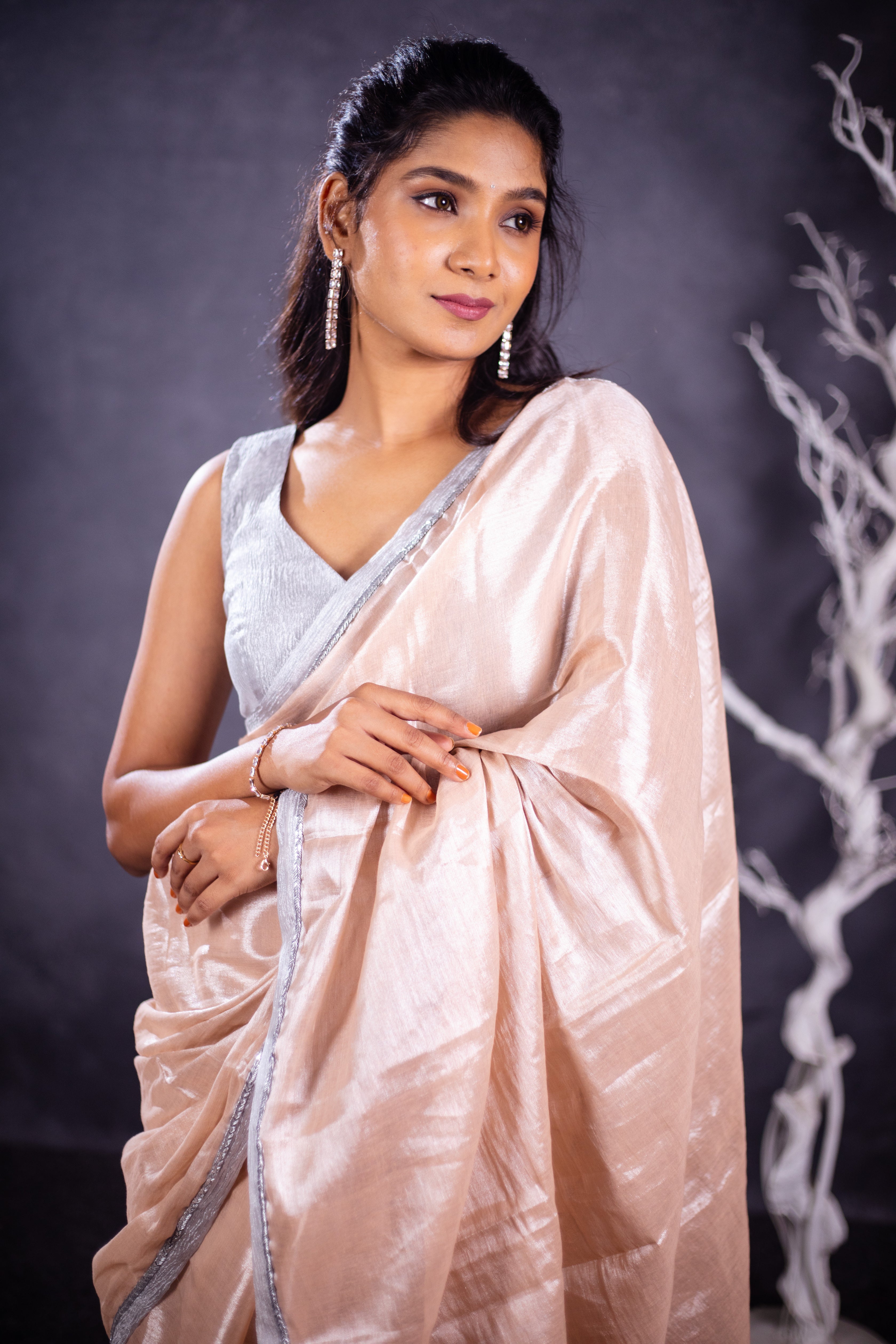 Madhi Handwoven Tissue Saree - Light Peach + Silver