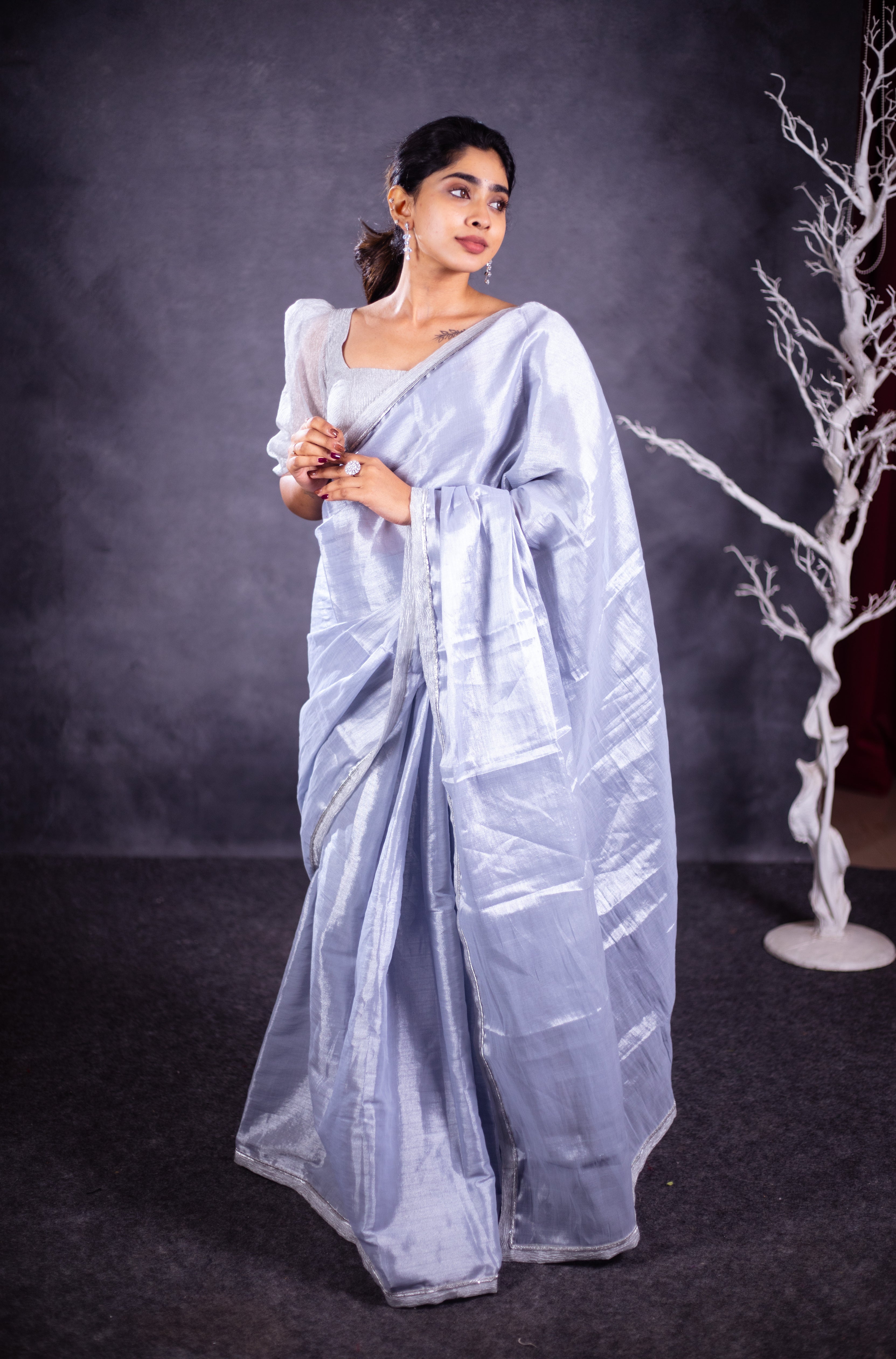 Madhi Handwoven Tissue Saree - Ice Blue + Silver