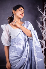 Load image into Gallery viewer, Madhi Handwoven Tissue Saree - Ice Blue + Silver
