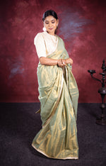 Load image into Gallery viewer, Varni Handwoven Tissue Saree - Hazel Green + Seashell Cream
