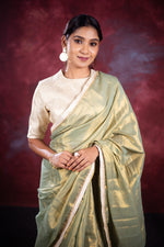 Load image into Gallery viewer, Varni Handwoven Tissue Saree - Hazel Green + Seashell Cream
