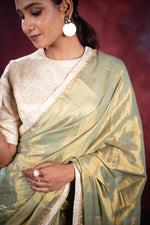 Load image into Gallery viewer, Varni Handwoven Tissue Saree - Hazel Green + Seashell Cream
