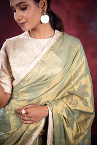 Varni Handwoven Tissue Saree - Hazel Green + Seashell Cream