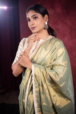 Load image into Gallery viewer, Varni Handwoven Tissue Saree - Hazel Green + Seashell Cream
