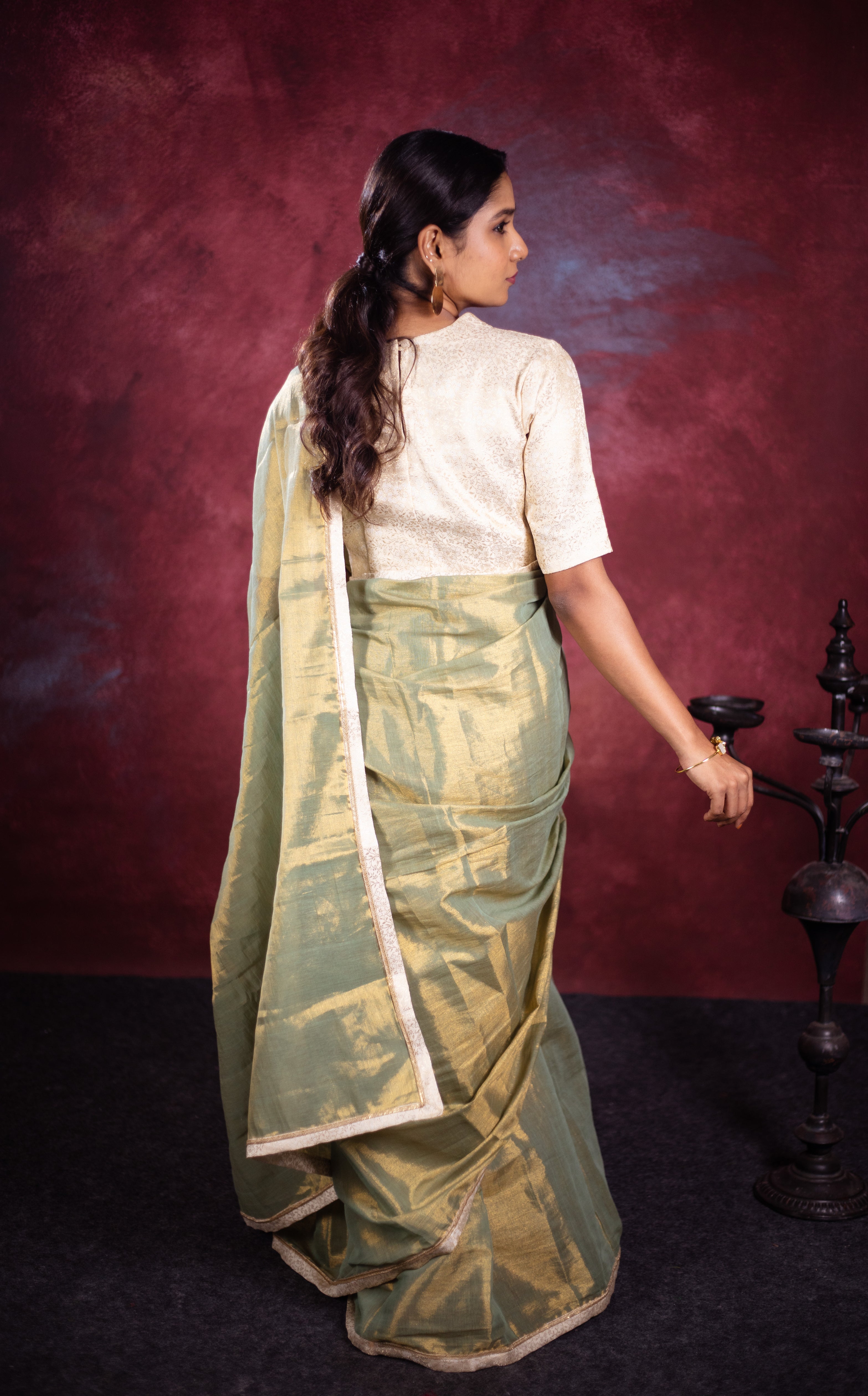 Varni Handwoven Tissue Saree - Hazel Green + Seashell Cream