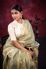 Load image into Gallery viewer, Varni Handwoven Tissue Saree - Hazel Green + Seashell Cream
