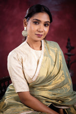 Load image into Gallery viewer, Varni Handwoven Tissue Saree - Hazel Green + Seashell Cream
