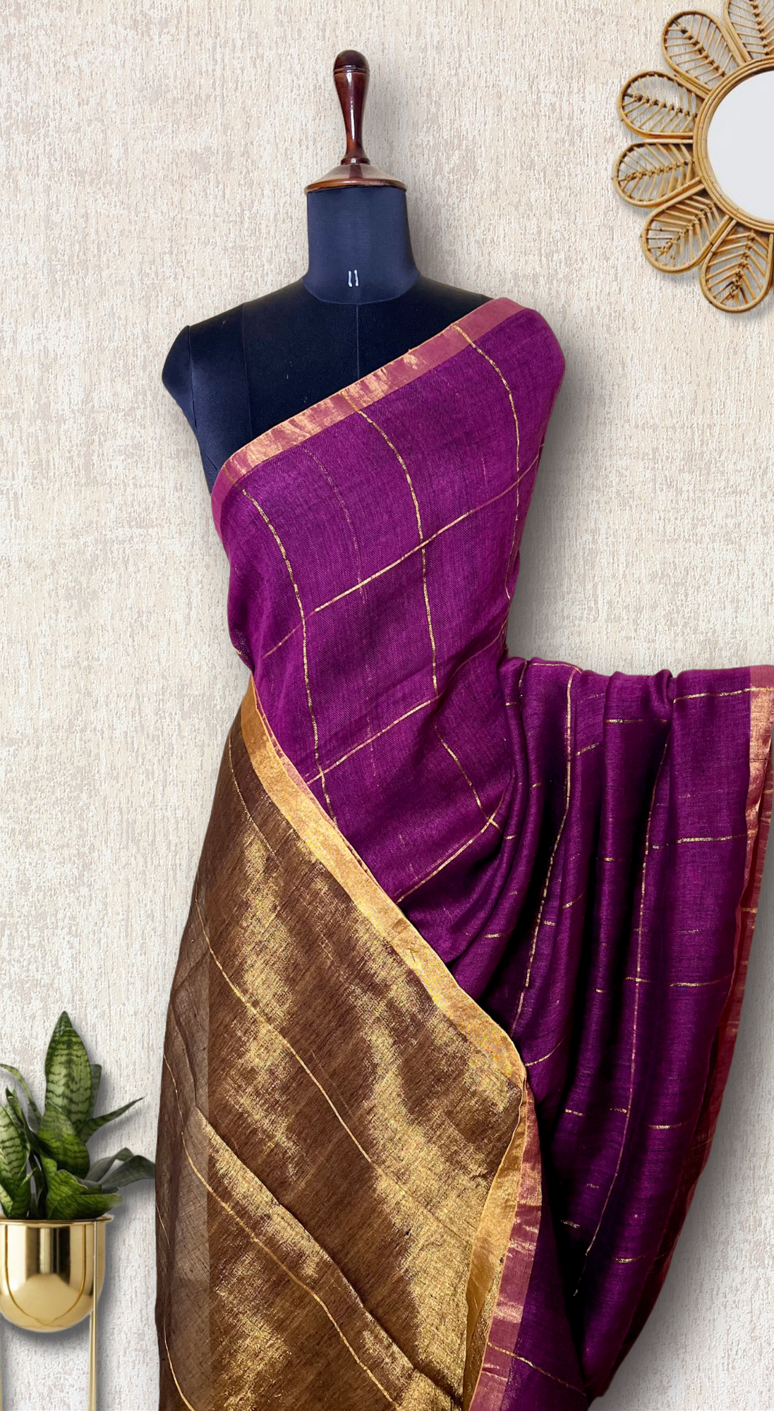 Handwoven Linen Saree - Cosmic Violet + Golden Zari