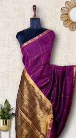 Load image into Gallery viewer, Handwoven Linen Saree - Cosmic Violet + Golden Zari
