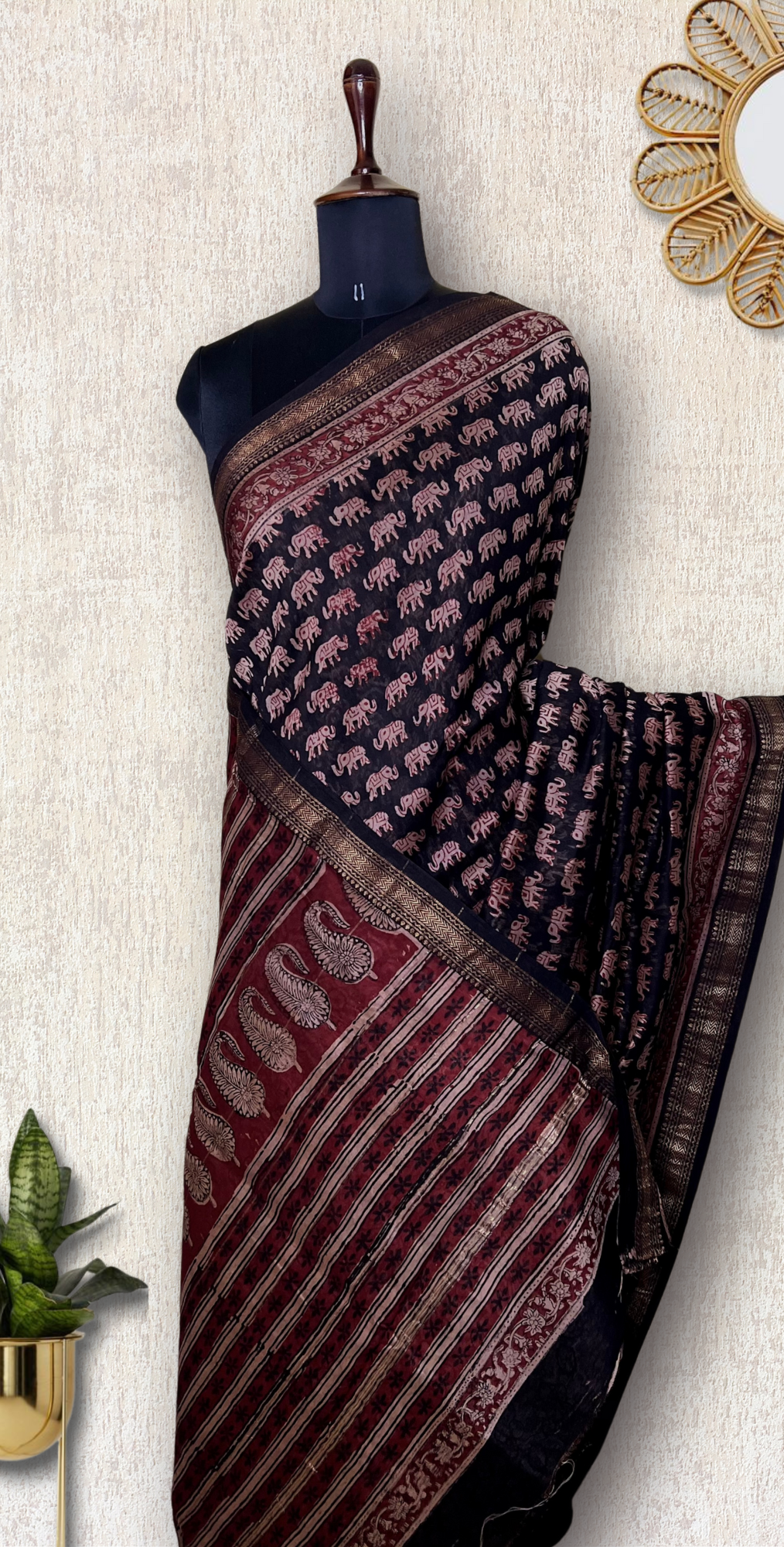 Handblock Printed Silk Cotton Saree - Thunder Black + Rustic red