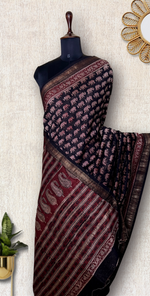 Load image into Gallery viewer, Handblock Printed Silk Cotton Saree - Thunder Black + Rustic red
