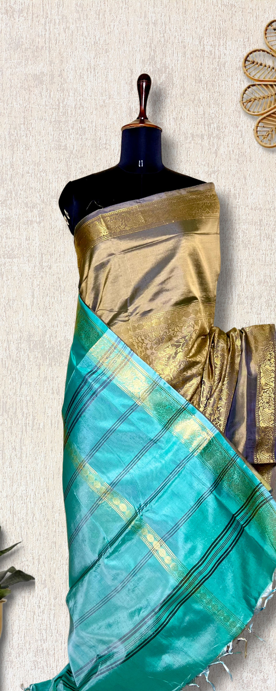 Handwoven Art Silk Saree -  Straw Brown Green + Fountain Blue