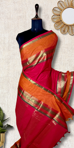 Load image into Gallery viewer, Kanchi Cotton Saree - Flush Red  + Tango Orange
