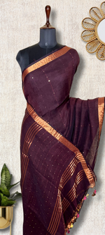 Load image into Gallery viewer, Handwoven Linen Saree -   Woody Brown + Gold
