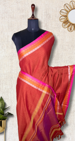 Load image into Gallery viewer, Handwoven Cotton Saree - Flamingo Orange + Solid Pink
