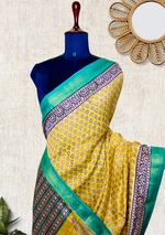 Load image into Gallery viewer, Handblock Printed Silk Cotton Saree - Bright Sun Yellow + Jungle Green
