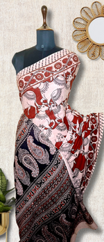 Load image into Gallery viewer, Handcrafted Kalamkari Cotton Saree - Persian Maroon + Soft Cream
