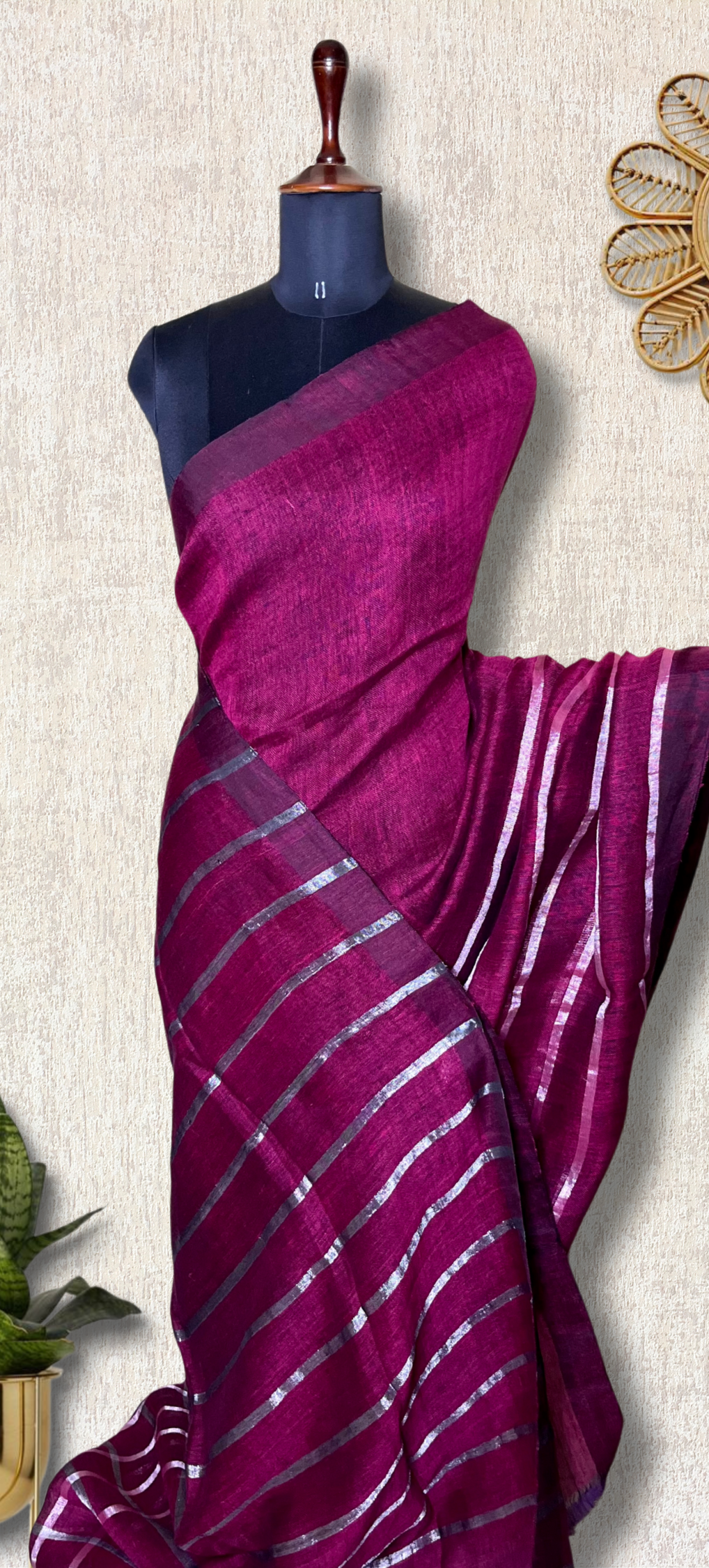 Handwoven Linen Saree - Mulberry Violet + Silver