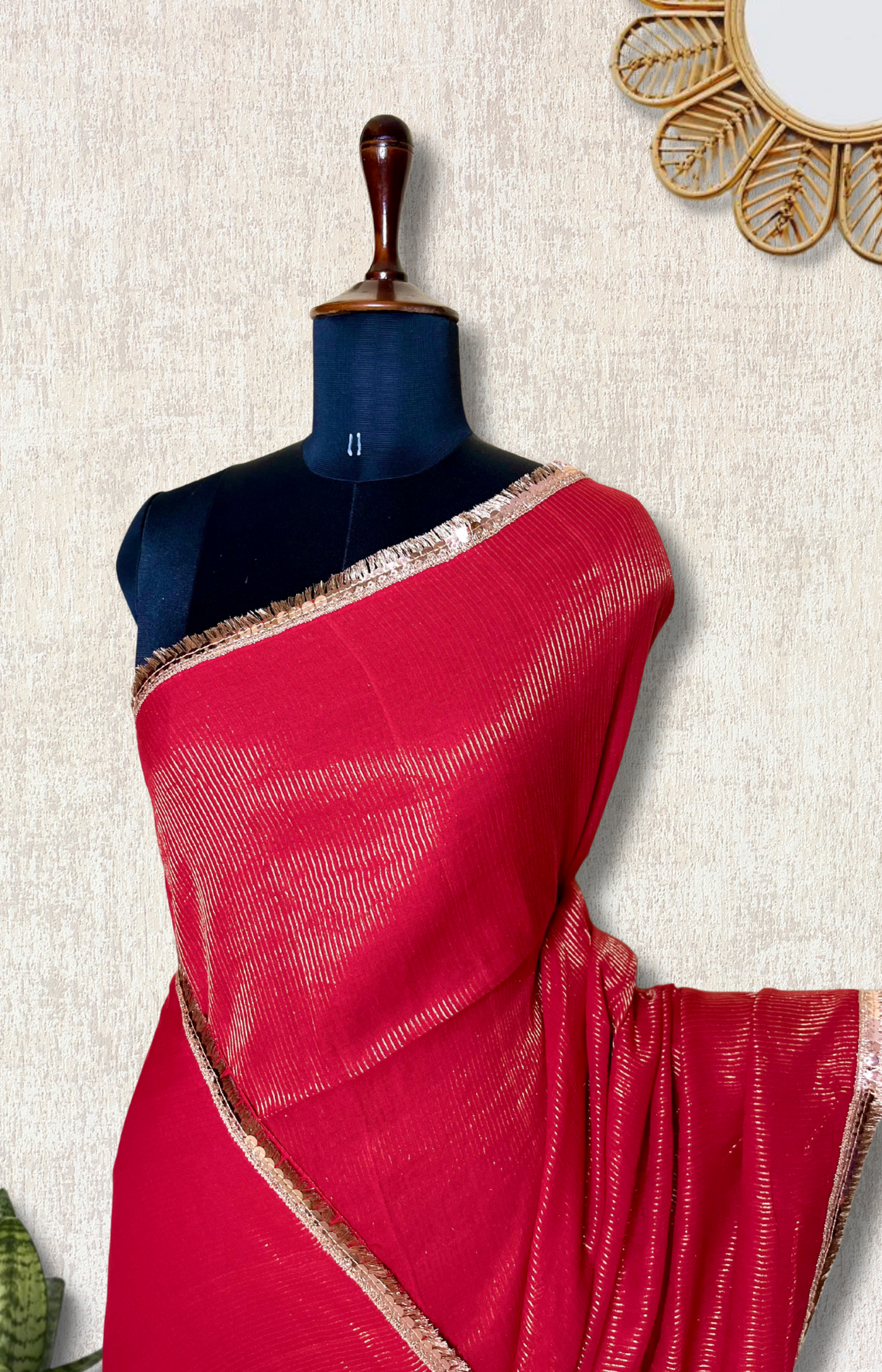 Handwoven Cotton Saree - Turkish Red + Gold