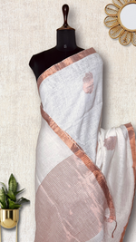 Load image into Gallery viewer, Handwoven Linen Saree - Pearl White Rose + Copper Zari
