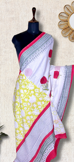 Load image into Gallery viewer, Handblock Printed Cotton Saree -  Titan White + Soft Green
