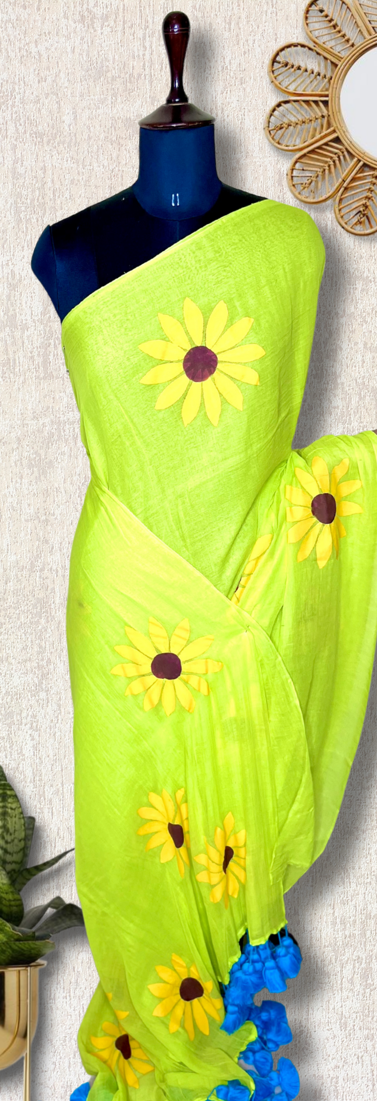 Hand Painted Cotton Saree - Lime Green + Corn Yellow