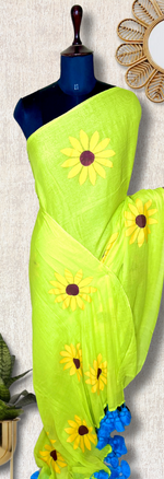 Load image into Gallery viewer, Hand Painted Cotton Saree - Lime Green + Corn Yellow
