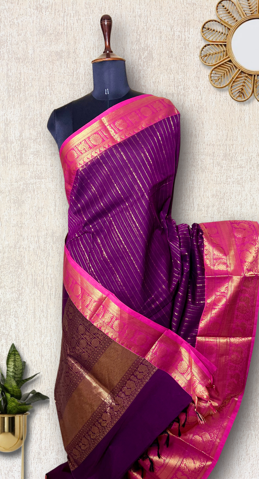 Kanchi Cotton Saree -  Plum Purple + Cerise Pink