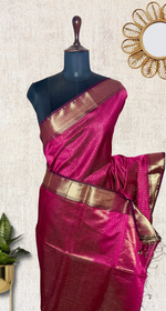 Load image into Gallery viewer, Handwoven Maheshwari Silk Cotton Saree - Cerise Pink + Dark Maroon
