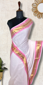 Load image into Gallery viewer, Handwoven Cotton Saree - Seashell white + Orchid Pink
