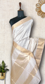 Load image into Gallery viewer, Handwoven Silk Cotton Saree - Soft Cream + Gold
