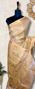DIVA-Handwoven Metallic Linen Tissue Saree - Sandal Gold