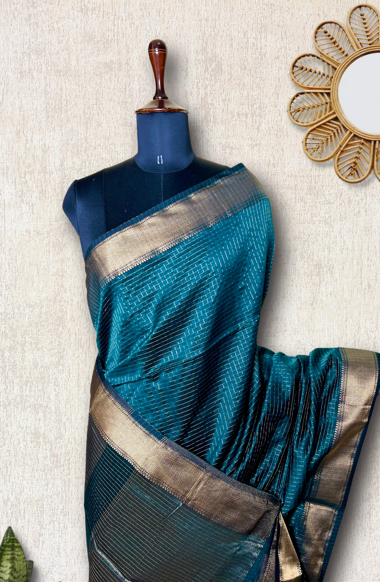 Handwoven Silk Cotton Saree - Deep Sea Green + Gold