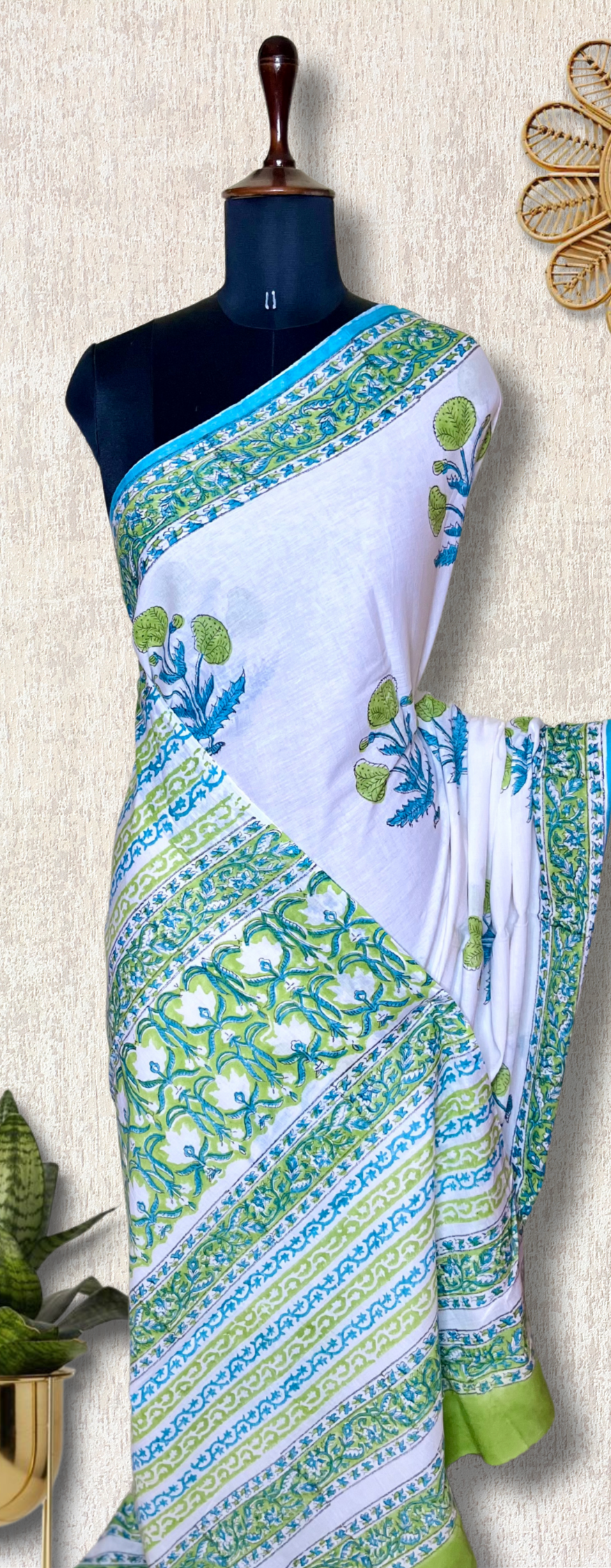 Handblock Printed Cotton Saree -  French White + Blue Green