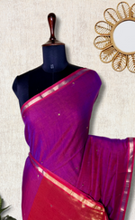 Load image into Gallery viewer, Handwoven Cotton Saree - Cannon Purple Pink + Gold

