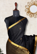 Load image into Gallery viewer, Handwoven Linen Saree - Charcoal Black + Flame Gold
